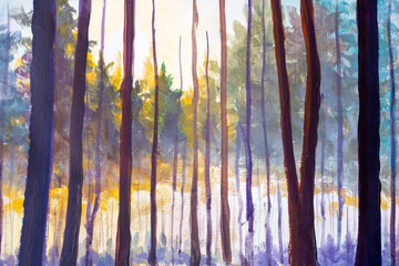 Sunlight shining through misty forest painting