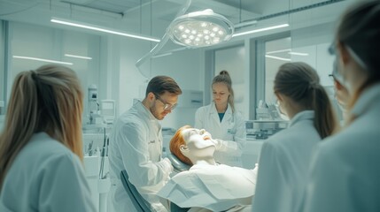 Fototapeta premium A medical training session in an operating room with a mannequin.