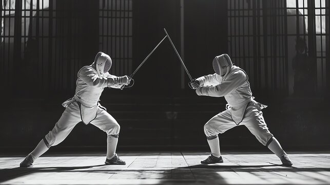 Two fencers are in a fencing stance with foils in a gym.