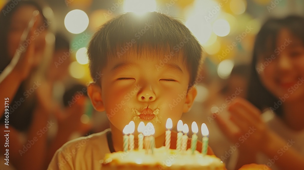 Sticker A joyful child blowing out candles on a birthday cake, surrounded by cheerful partygoers.