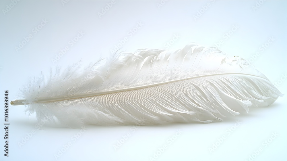 Poster soft,white feather floating effortlessly in the air - elegant,minimalistic textured background perfe