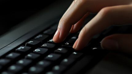 A close-up of a hand typing on a laptop keyboard in a dimly lit room during the evening