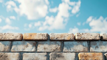 Close-up of construction bricks, wide open area in the sky for copy space