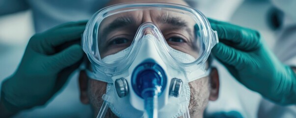 Close up of a doctor s hand carefully adjusting an oxygen mask on a patient s face providing critical respiratory health care and treatment in a medical setting