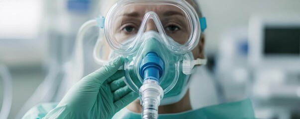 Close up shot of a doctor s hand carefully adjusting an oxygen mask on a patient s face providing respiratory health treatment and care in a hospital setting