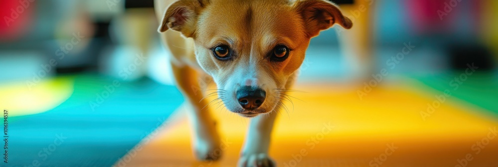 Canvas Prints A close-up of a dog walking on a colorful mat, showcasing its curious expression.