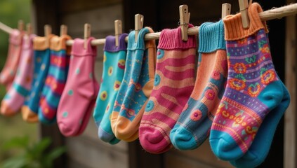 Childrens colorful socks with patterns hanging to dry on a line