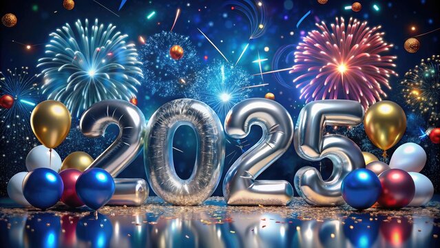 Vibrant confetti and balloons surround a shining silver "2025" numeral, set against a dark blue background with glittering fireworks exploding into a joyful celebration.