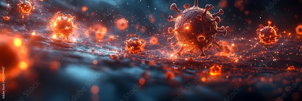 Poster surreal and apocalyptic digital depicting a microscopic view of a pandemic outbreak,with glowing and
