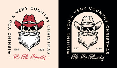 Santa wearing cowboy hat western skull head howdy wishes funny wishing you a very country Christmas. Gothic dark retro vintage creepy aesthetic holiday card illustration decor shirt design cut file.