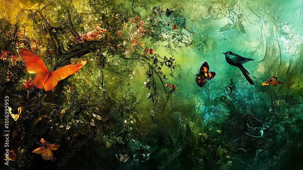 Poster Enchanted Forest Landscape with Butterflies and Birds