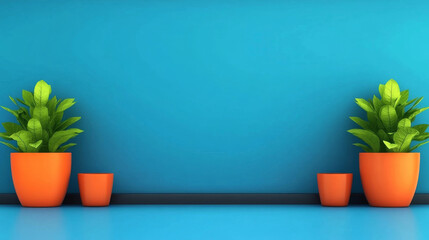 Two orange potted plants stand in front of a blue wall, with a smaller orange pot in the center.