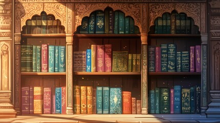 Fototapeta premium Colorful cartoon bookshelf filled with South Asian literature, intricate decor in the background, ample copy space