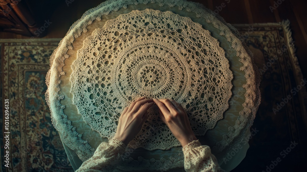 Canvas Prints A top-down view of hands delicately arranging a lace doily on a table.