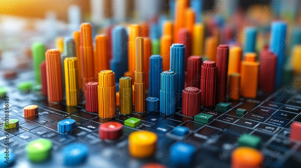 Poster colorful data visualization display with bars and dots representing analytical information in a mode