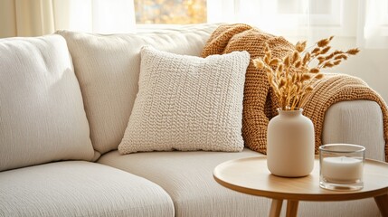 Gemütliches minimalistisches Wohnzimmer-Innendesign mit neutralen Tönen als Inspiration für die Inneneinrichtung
