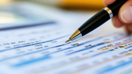 A close-up of a hand holding a pen over financial documents with data and figures.