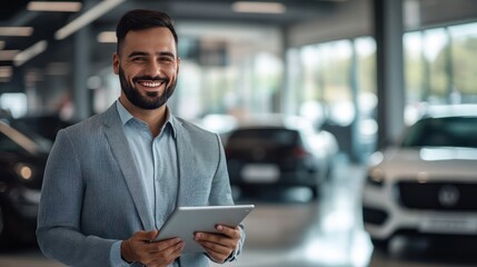 Smiling salesperson with a tablet in a luxury car dealership