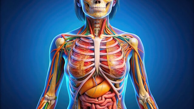 Vibrant, detailed illustration of the female human body's internal anatomy, showcasing organs, bones, and systems in a 3D-like, colorful, and educational diagrammatic representation.