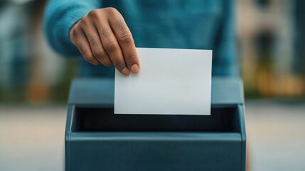 Close up view of a hand gently dropping a sealed ballot into a mailbox demonstrating the process of participating in the democratic process through mail in voting