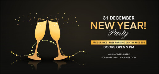 New Year 2025 event design templates. Elegant and modern style. Golden 2025 numbers and champagne glasses. Vector illustration.