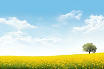 Obraz premium Hilly grass field with yellow blossom trees backgrounds landscape grassland.