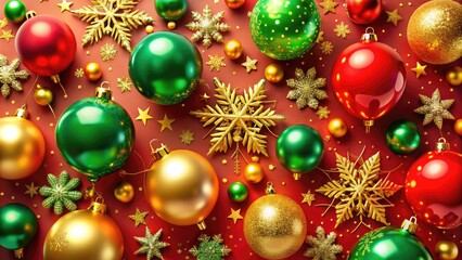 Vibrant festive holiday background with glittering snowflakes, golden ornaments, and colorful balloons amidst a bright red and green palette, exuding joyful celebration spirit.