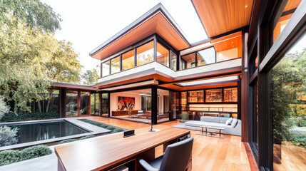 Fototapeta premium Modern home office with a view of a backyard pool.
