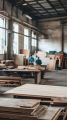Fototapeta premium Several workers focus on carpentry tasks in a spacious woodworking workshop filled with materials