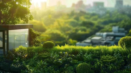 Obraz premium Rooftop gardens overlooking the urban landscape, green and tranquil, Urban, Soft greens, Photograph, Urban oasis