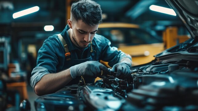 Vehicle safety inspection being performed by a mechanic