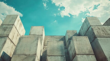Concrete blocks piled neatly, wide open space above for text