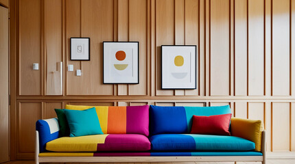 A colorful couch set against a warm wooden paneled wall, creates a cozy and inviting atmosphere.
