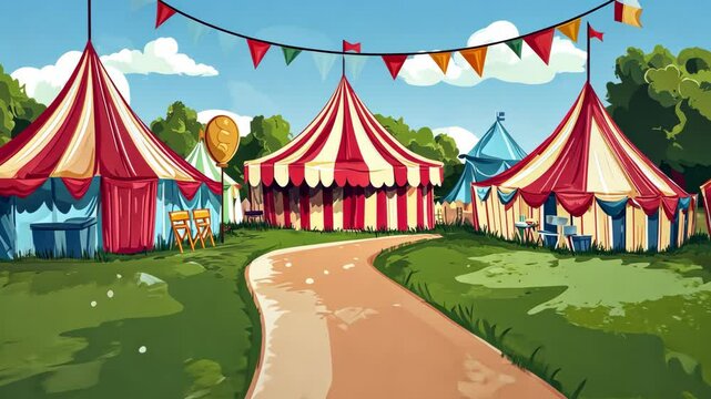 A winding path leads to a brightly colored circus tent on a sunny day