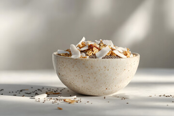 Cozy breakfast setup with granola, an open notebook, and a steaming cup of coffee on a rustic wooden table