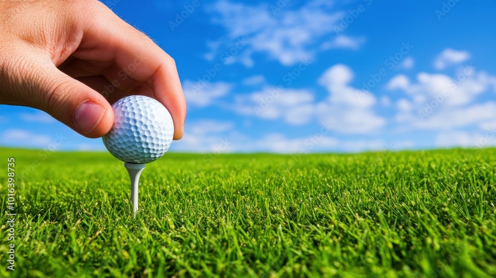 Wall mural A hand placing a golf ball on a tee in a lush green field under a blue sky.