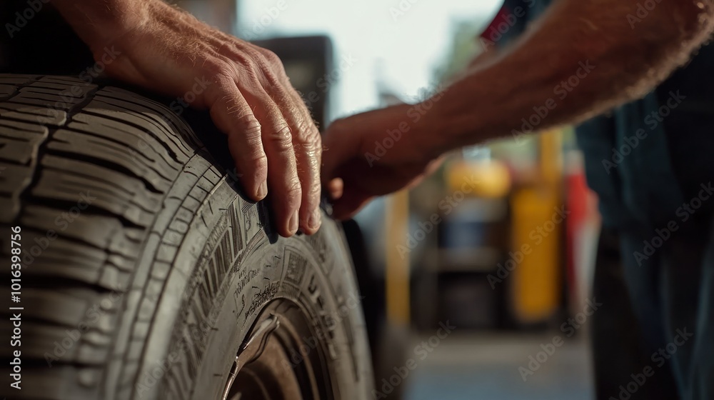 Canvas Prints Close-up of hands inspecting a tire in a workshop setting.