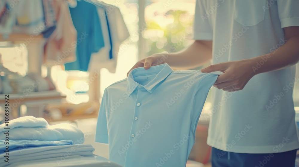 Poster A person folding a light blue polo shirt in a retail clothing store.