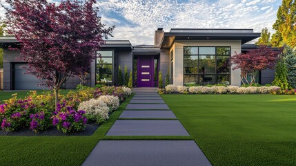 A chic front yard with charcoal artificial grass, a pathway of ash stones to a violet entryway, complemented by maroon trees and cream flowers The modern home has quartz windows and a titanium roof