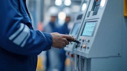 A person operates industrial control equipment in a factory setting.