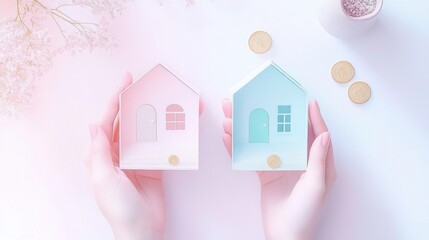 Close up object of hand holding small house model with architectural blueprint and gold coins on pastel white table, real estate sale and purchase rent concept