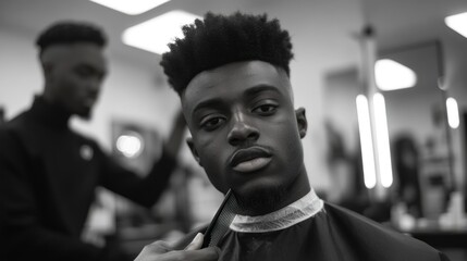 A man getting a haircut in a barbershop, showcasing grooming and style.