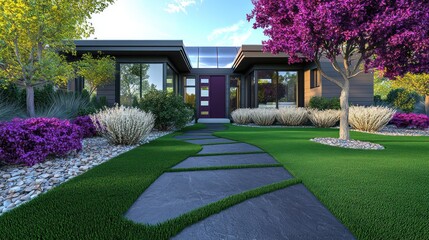A chic front yard with charcoal artificial grass, a pathway of ash stones to a violet entryway, complemented by maroon trees and cream flowers The modern home has quartz windows and a titanium roof