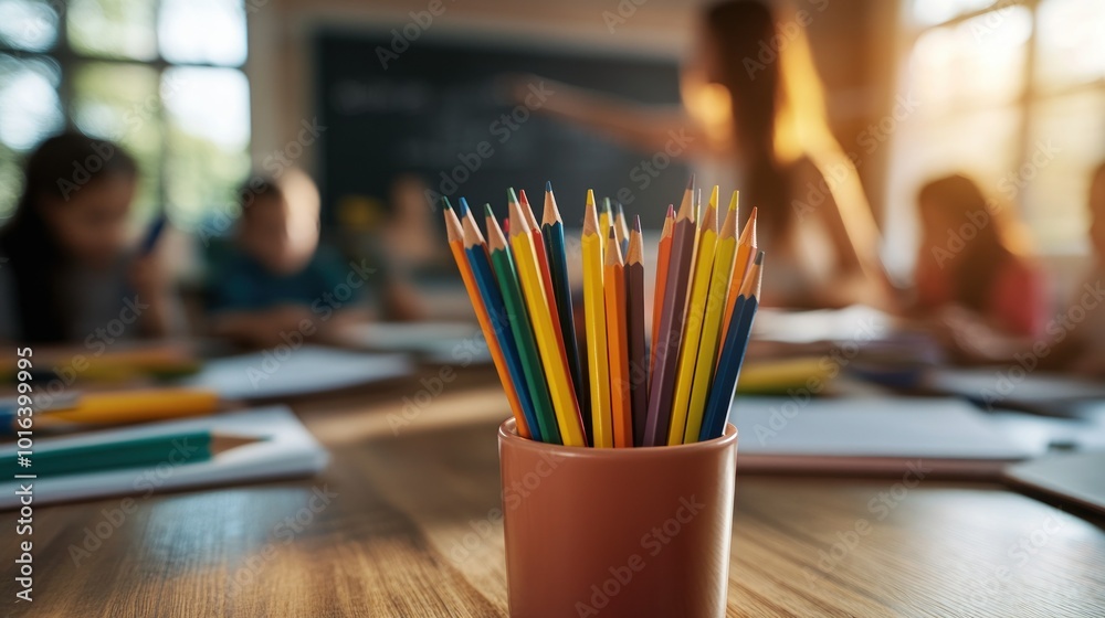 Sticker A colorful collection of pencils in a classroom setting, with students engaged in activities.