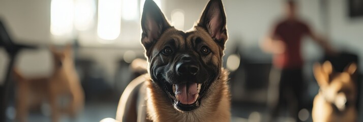 A happy dog in a playful environment with other dogs in the background.