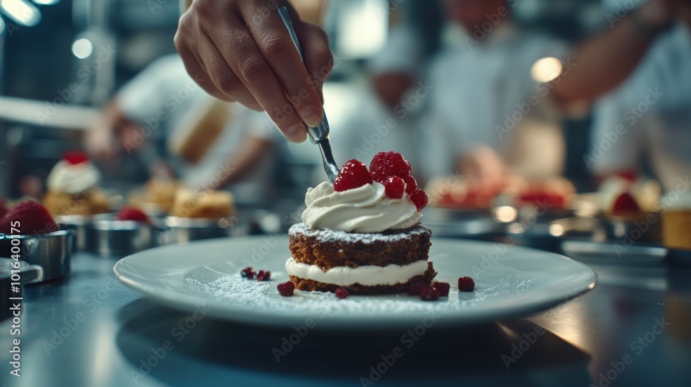 Sticker A chef delicately garnishing a dessert with raspberries in a busy kitchen setting.