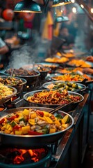 Street food stalls from various cultures around the world, diverse and flavorful, Culinary, Bright hues, Photograph, Global flavors