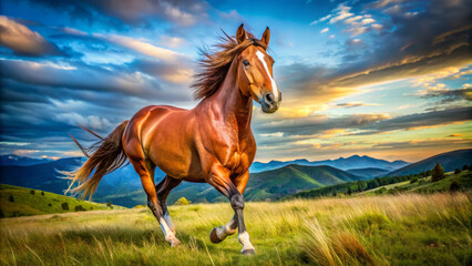 Obraz premium majestic horse gallops across vibrant landscape, showcasing its strength and grace against backdrop of rolling hills and colorful sky. scene captures beauty of nature and spirit of freedom