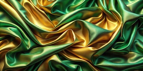 Obraz premium Aerial luxurious green and gold silk fabric with elegant flowing waves and smooth texture