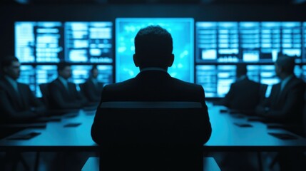 Futuristic business meeting with holographic displays of charts data and innovative concepts  High tech corporate workspace with team planning and problem solving